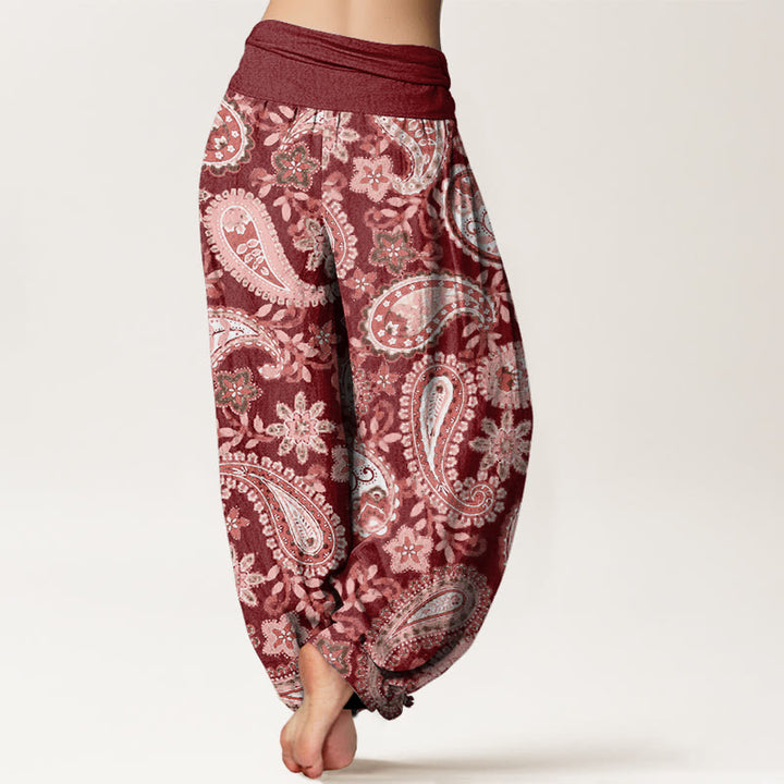 Pantalones bombachos de mujer con cintura elástica, estampado paisley informal de algodón con Buddha Stones - image 2