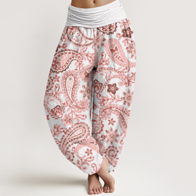 Pantalones bombachos de mujer con cintura elástica, estampado paisley informal de algodón con Buddha Stones - Nieve - US22，UK/AU26，EU54 (6XL) - image 4