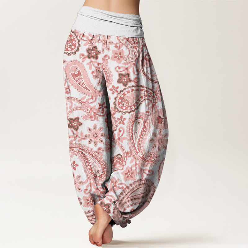 Pantalones bombachos de mujer con cintura elástica, estampado paisley informal de algodón con Buddha Stones - image 6