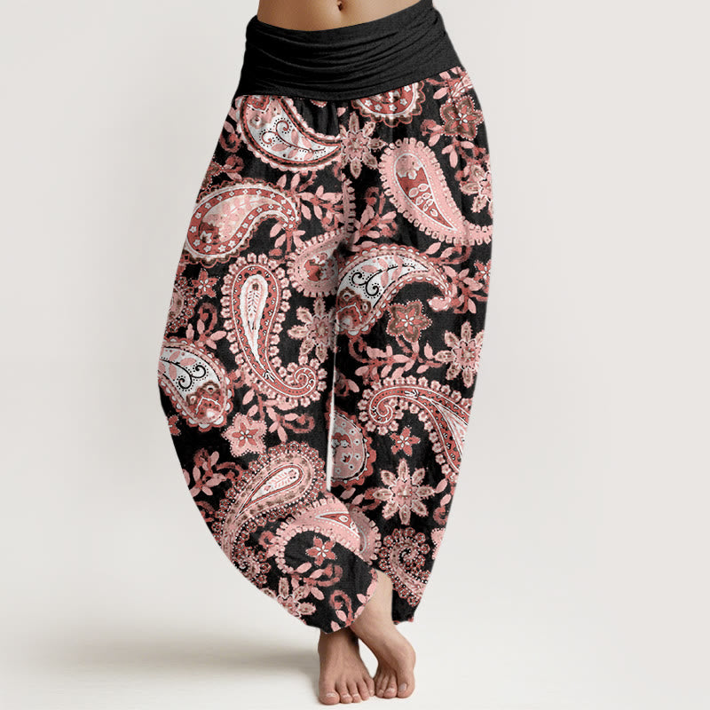 Pantalones bombachos de mujer con cintura elástica, estampado paisley informal de algodón con Buddha Stones - Negro - US22，UK/AU26，EU54 (6XL) - image 7