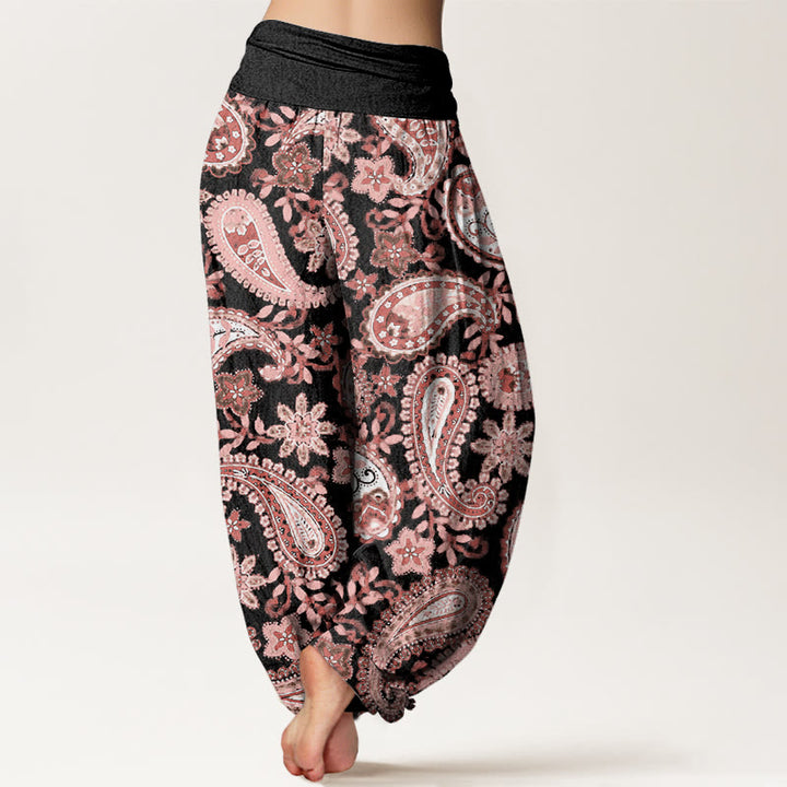 Pantalones bombachos de mujer con cintura elástica, estampado paisley informal de algodón con Buddha Stones - image 9