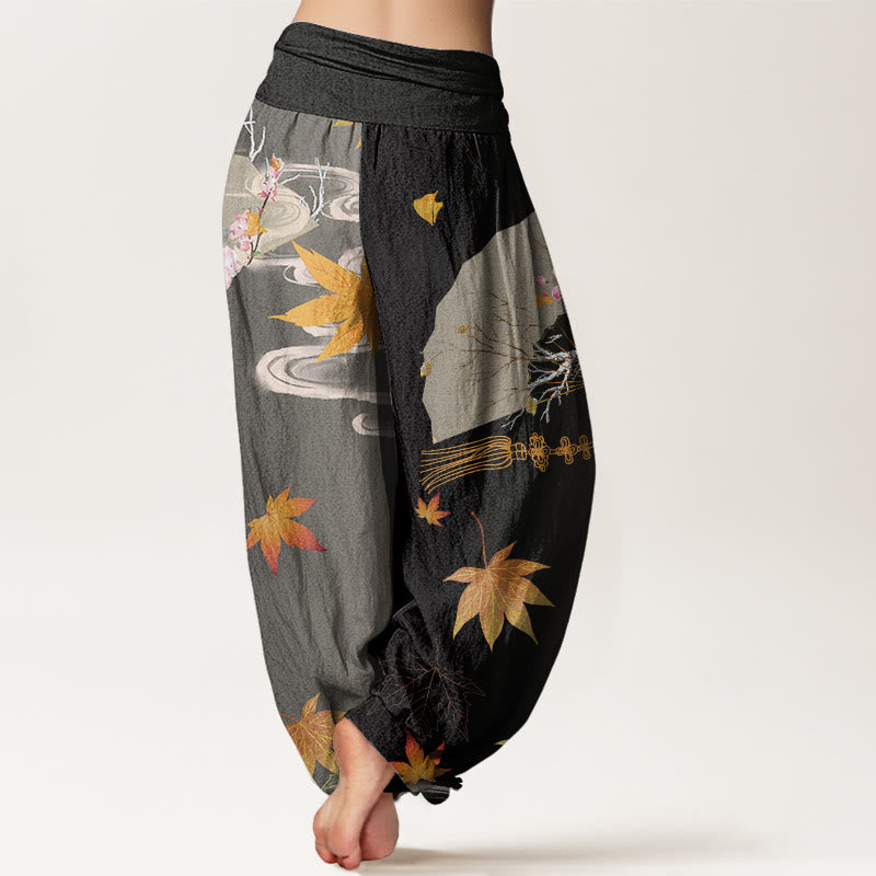 Pantalones bombachos de cintura elástica para mujer, estilo harem, con estampado de flores, hojas de arce y nubes, de algodón con diseño de abanico plegable informal de Buddha Stones Cotton. - image 2
