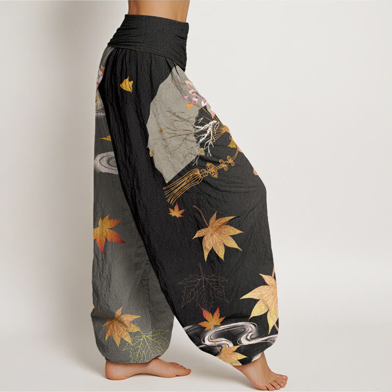 Pantalones bombachos de cintura elástica para mujer, estilo harem, con estampado de flores, hojas de arce y nubes, de algodón con diseño de abanico plegable informal de Buddha Stones Cotton. - image 1