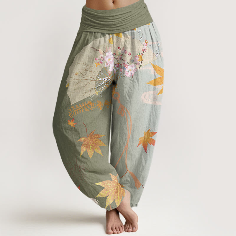 Pantalones bombachos de cintura elástica para mujer, estilo harem, con estampado de flores, hojas de arce y nubes, de algodón con diseño de abanico plegable informal de Buddha Stones Cotton. - Verde mar oscuro - US22，UK/AU26，EU54 (6XL) - image 4