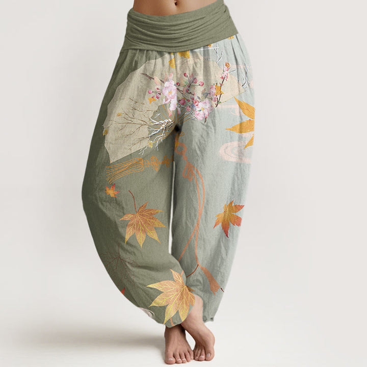 Pantalones bombachos de cintura elástica para mujer, estilo harem, con estampado de flores, hojas de arce y nubes, de algodón con diseño de abanico plegable informal de Buddha Stones Cotton. - Verde mar oscuro - US22，UK/AU26，EU54 (6XL) - image 4