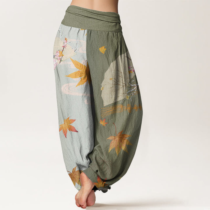 Pantalones bombachos de cintura elástica para mujer, estilo harem, con estampado de flores, hojas de arce y nubes, de algodón con diseño de abanico plegable informal de Buddha Stones Cotton. - image 6