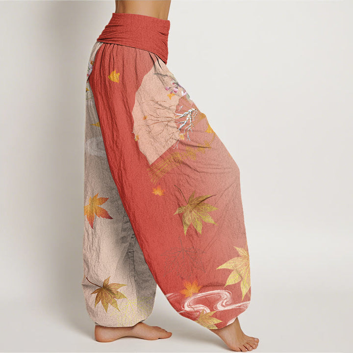 Pantalones bombachos de cintura elástica para mujer, estilo harem, con estampado de flores, hojas de arce y nubes, de algodón con diseño de abanico plegable informal de Buddha Stones Cotton. - image 8