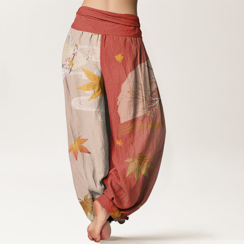Pantalones bombachos de cintura elástica para mujer, estilo harem, con estampado de flores, hojas de arce y nubes, de algodón con diseño de abanico plegable informal de Buddha Stones Cotton. - image 9