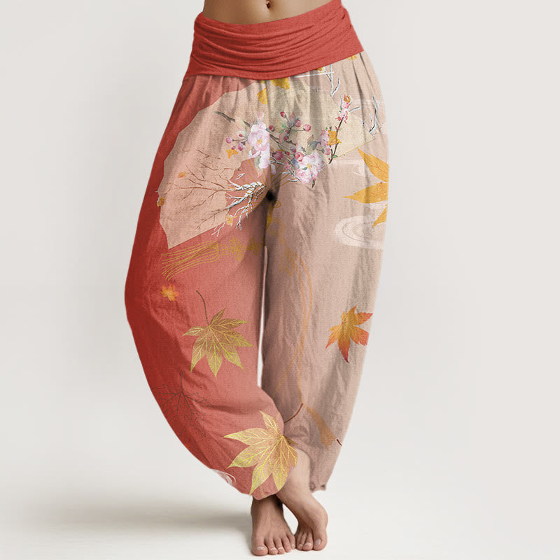 Pantalones bombachos de cintura elástica para mujer, estilo harem, con estampado de flores, hojas de arce y nubes, de algodón con diseño de abanico plegable informal de Buddha Stones Cotton. - Tomate - US22，UK/AU26，EU54 (6XL) - image 7