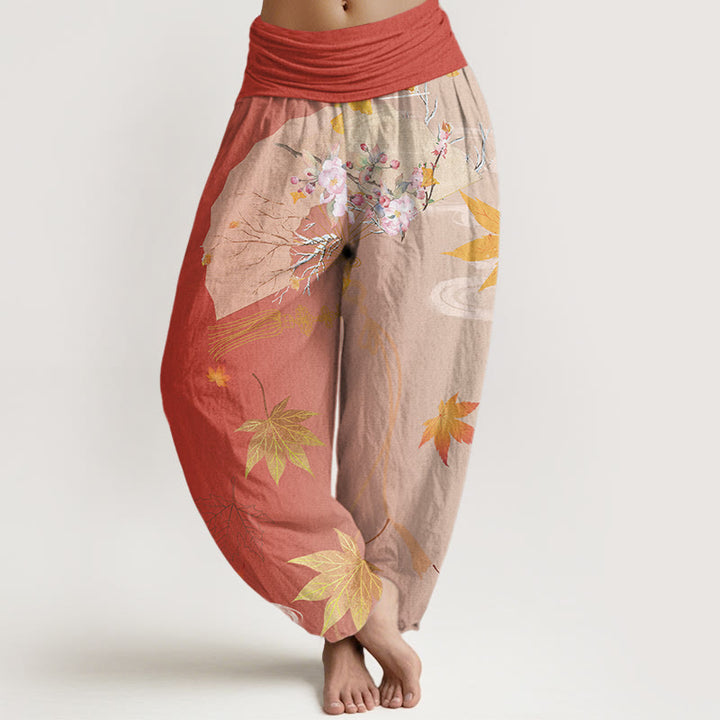 Pantalones bombachos de cintura elástica para mujer, estilo harem, con estampado de flores, hojas de arce y nubes, de algodón con diseño de abanico plegable informal de Buddha Stones Cotton. - Tomate - US22，UK/AU26，EU54 (6XL) - image 7