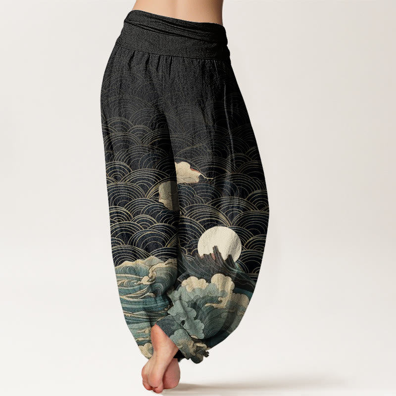 Pantalón tipo harem de cintura elástica para mujer con estampado informal de olas, luna y montaña, de algodón con Buddha Stones. - image 2