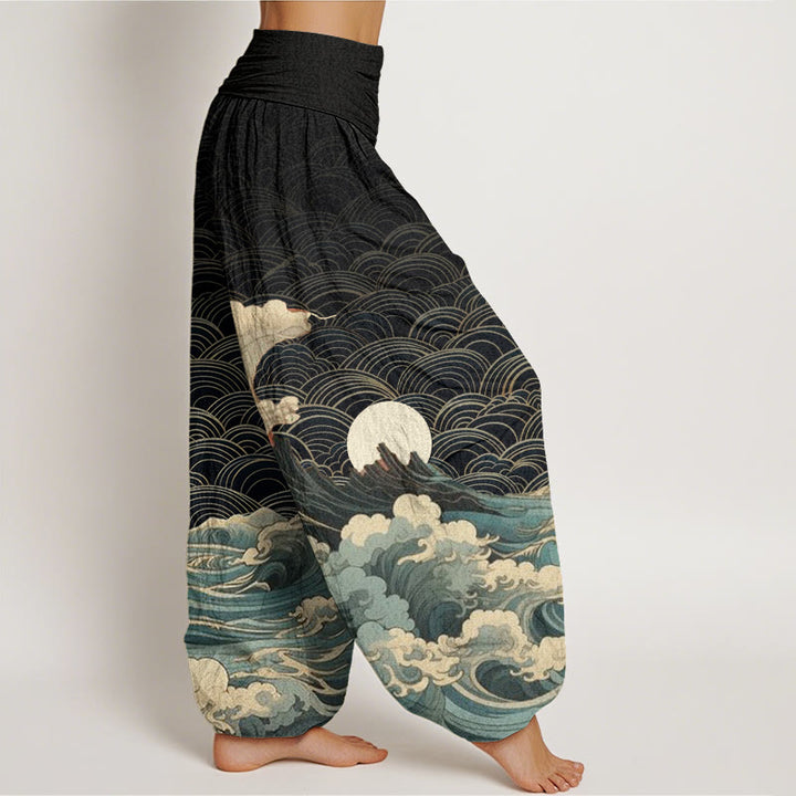Pantalón tipo harem de cintura elástica para mujer con estampado informal de olas, luna y montaña, de algodón con Buddha Stones. - image 1