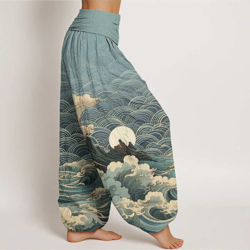 Pantalón tipo harem de cintura elástica para mujer con estampado informal de olas, luna y montaña, de algodón con Buddha Stones. - image 5