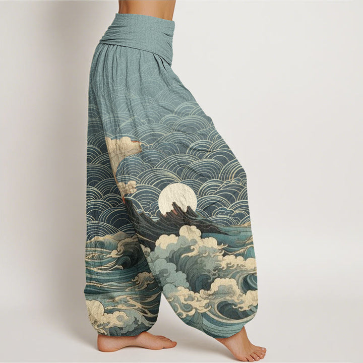 Pantalón tipo harem de cintura elástica para mujer con estampado informal de olas, luna y montaña, de algodón con Buddha Stones. - image 5