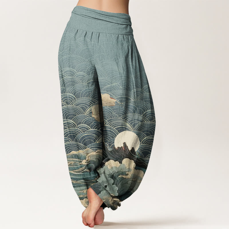 Pantalón tipo harem de cintura elástica para mujer con estampado informal de olas, luna y montaña, de algodón con Buddha Stones. - image 6