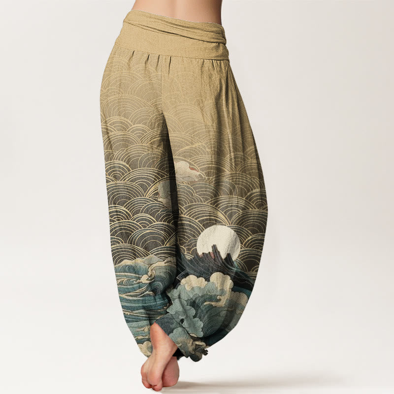 Pantalón tipo harem de cintura elástica para mujer con estampado informal de olas, luna y montaña, de algodón con Buddha Stones. - image 9