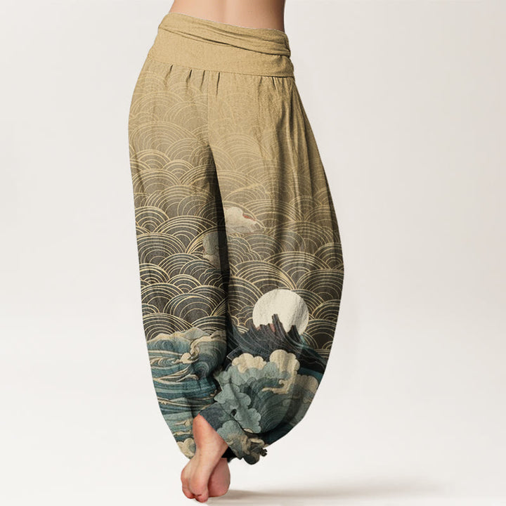 Pantalón tipo harem de cintura elástica para mujer con estampado informal de olas, luna y montaña, de algodón con Buddha Stones. - image 9