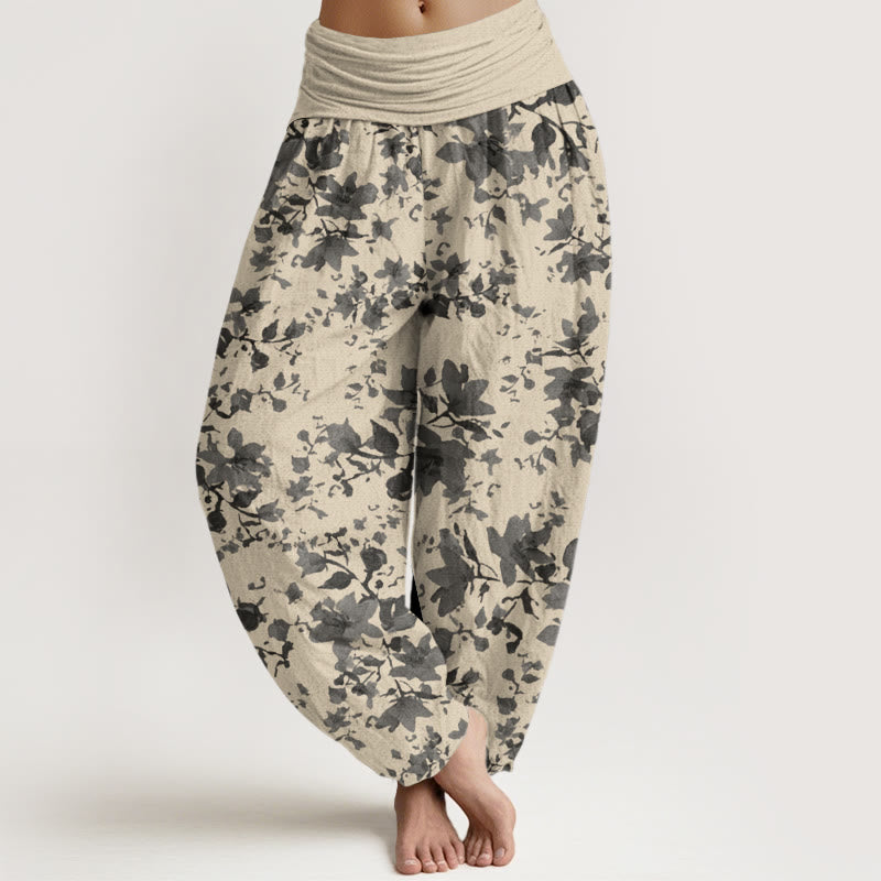 Pantalones bombachos de cintura elástica para mujer con diseño de hojas y Buddha Stones, de algodón. - Beige - US22，UK/AU26，EU54 (6XL) - image 0