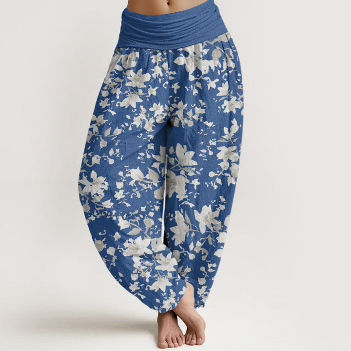 Pantalones bombachos de cintura elástica para mujer con diseño de hojas y Buddha Stones, de algodón. - Azul acero - US22，UK/AU26，EU54 (6XL) - image 7