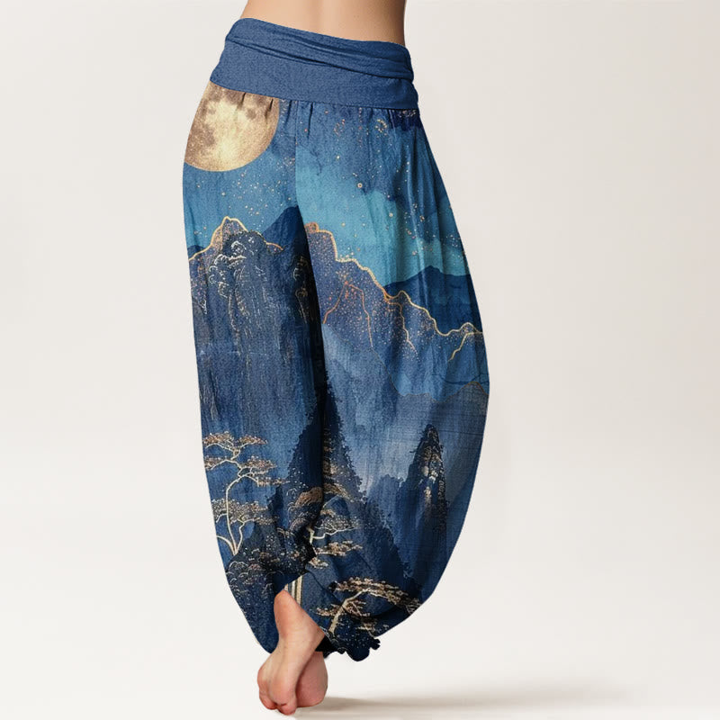 Pantalón tipo harem de cintura elástica para mujer, de algodón, estilo casual, con estampado de Buddha Stones , luna llena, montañas, árboles y río. - image 2