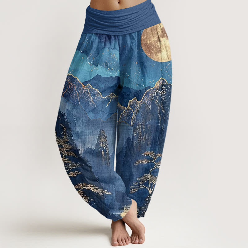 Pantalón tipo harem de cintura elástica para mujer, de algodón, estilo casual, con estampado de Buddha Stones , luna llena, montañas, árboles y río. - Azul acero - US22，UK/AU26，EU54 (6XL) - image 0