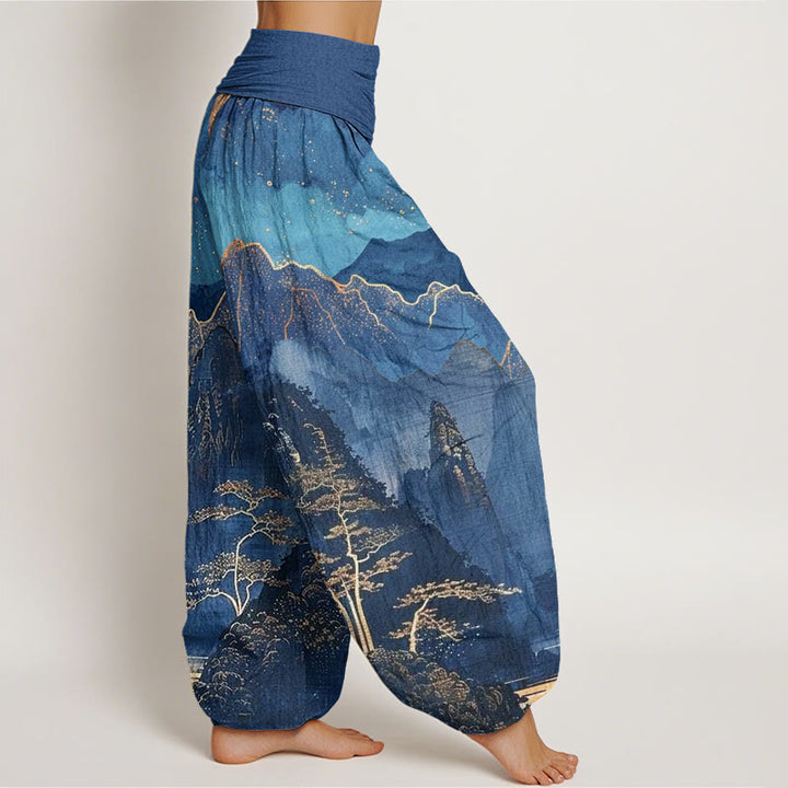 Pantalón tipo harem de cintura elástica para mujer, de algodón, estilo casual, con estampado de Buddha Stones , luna llena, montañas, árboles y río. - image 1