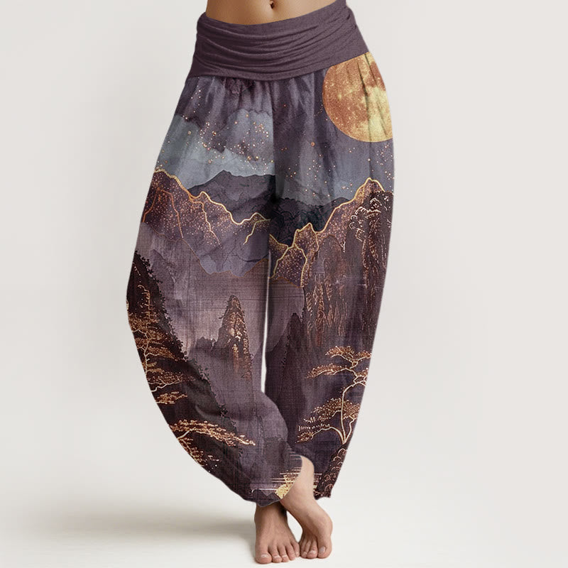 Pantalón tipo harem de cintura elástica para mujer, de algodón, estilo casual, con estampado de Buddha Stones , luna llena, montañas, árboles y río. - Magenta oscuro - US22，UK/AU26，EU54 (6XL) - image 4