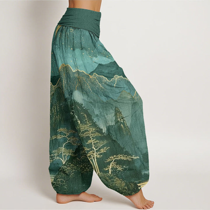 Pantalón tipo harem de cintura elástica para mujer, de algodón, estilo casual, con estampado de Buddha Stones , luna llena, montañas, árboles y río. - image 8