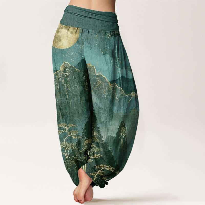 Pantalón tipo harem de cintura elástica para mujer, de algodón, estilo casual, con estampado de Buddha Stones , luna llena, montañas, árboles y río. - image 9