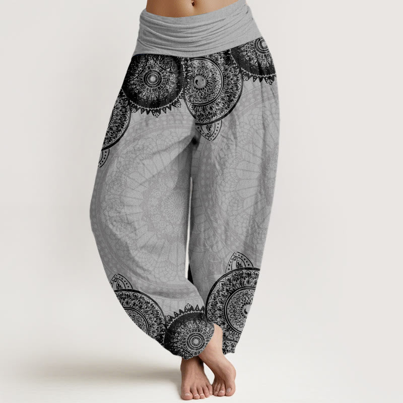 Pantalones bombachos de cintura elástica para mujer con diseño de mandala circular de algodón y Buddha Stones - Gris claro - US22，UK/AU26，EU54 (6XL) - image 7