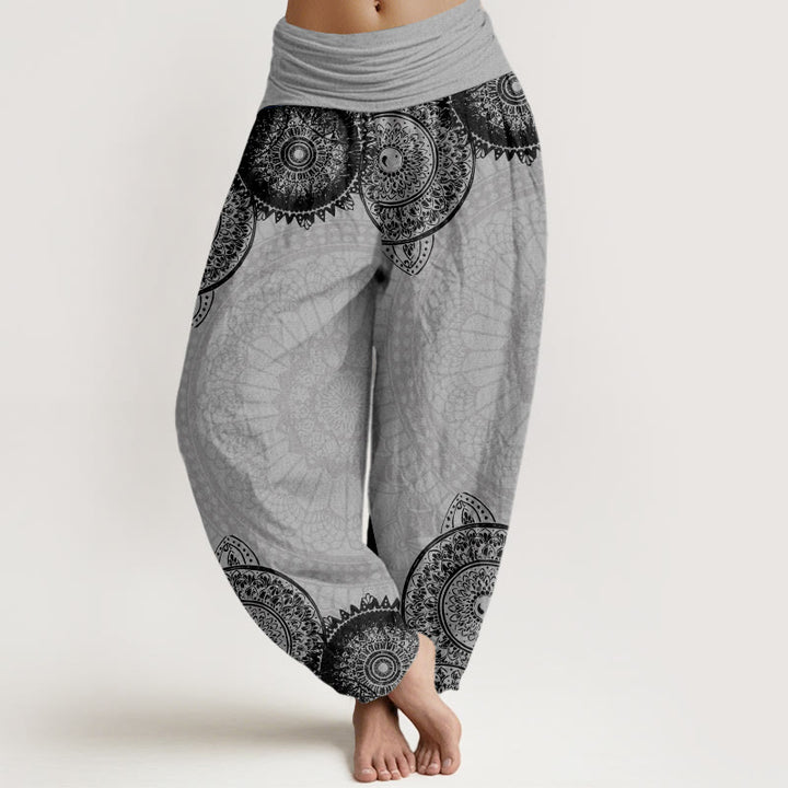 Pantalones bombachos de cintura elástica para mujer con diseño de mandala circular de algodón y Buddha Stones - Gris claro - US22，UK/AU26，EU54 (6XL) - image 7
