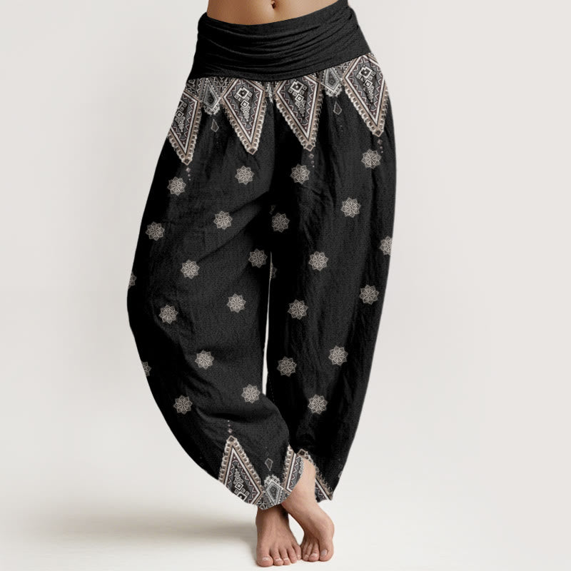 Pantalones bombachos de mujer con cintura elástica, estampado floral geométrico bohemio de algodón con Buddha Stones - Negro - US22，UK/AU26，EU54 (6XL) - image 0