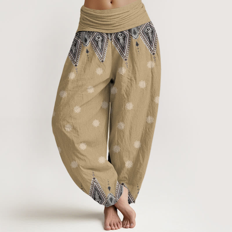 Pantalones bombachos de mujer con cintura elástica, estampado floral geométrico bohemio de algodón con Buddha Stones - Vara de oro pálida - US22，UK/AU26，EU54 (6XL) - image 4