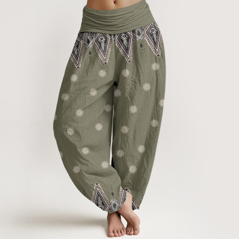 Pantalones bombachos de mujer con cintura elástica, estampado floral geométrico bohemio de algodón con Buddha Stones - Verde mar oscuro - US22，UK/AU26，EU54 (6XL) - image 7