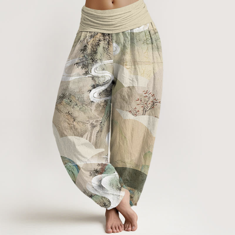 Pantalones bombachos de cintura elástica para mujer, de algodón, con estampado de paisajes chinos de montañas, ríos y niebla, con Buddha Stones. - Beige - US22，UK/AU26，EU54 (6XL) - image 0