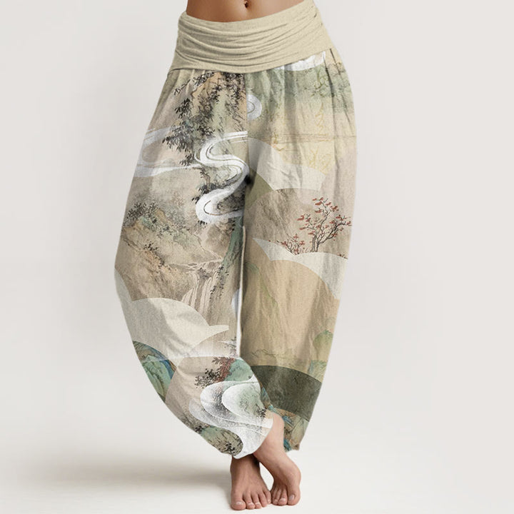 Pantalones bombachos de cintura elástica para mujer, de algodón, con estampado de paisajes chinos de montañas, ríos y niebla, con Buddha Stones. - Beige - US22，UK/AU26，EU54 (6XL) - image 0