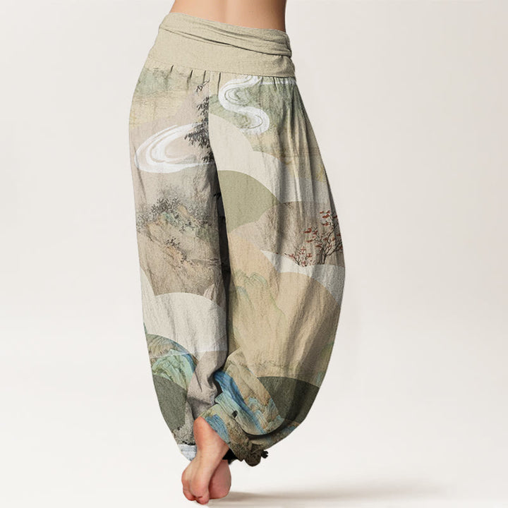 Pantalones bombachos de cintura elástica para mujer, de algodón, con estampado de paisajes chinos de montañas, ríos y niebla, con Buddha Stones. - image 1