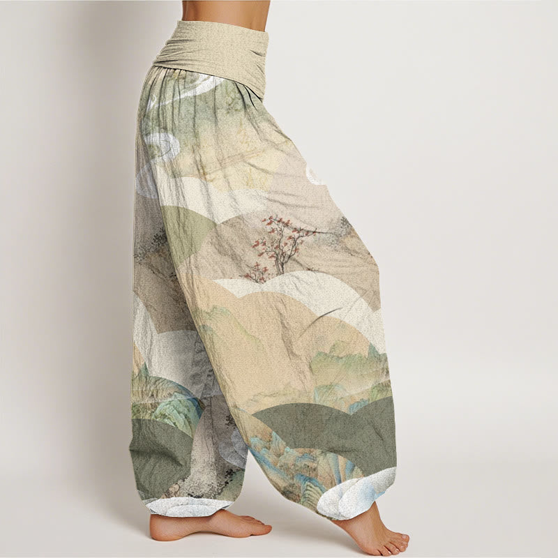 Pantalones bombachos de cintura elástica para mujer, de algodón, con estampado de paisajes chinos de montañas, ríos y niebla, con Buddha Stones. - image 2