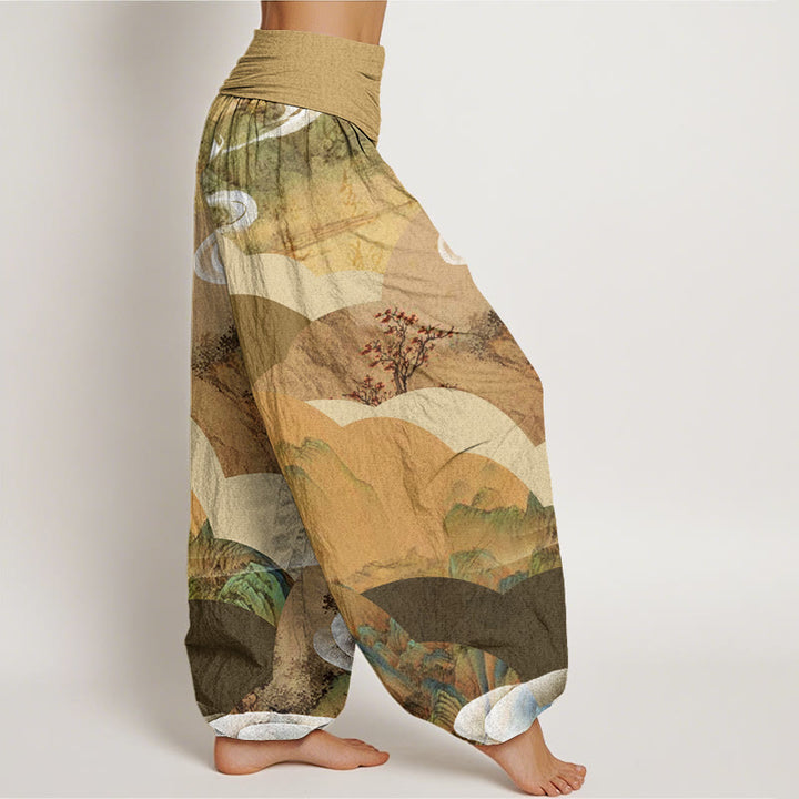 Pantalones bombachos de cintura elástica para mujer, de algodón, con estampado de paisajes chinos de montañas, ríos y niebla, con Buddha Stones. - image 6