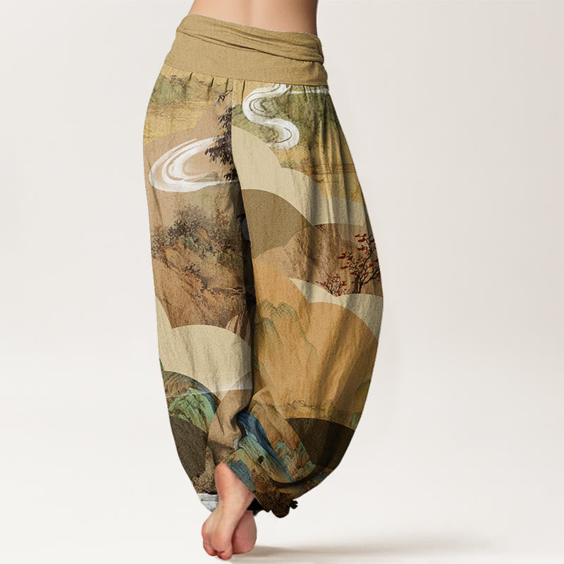 Pantalones bombachos de cintura elástica para mujer, de algodón, con estampado de paisajes chinos de montañas, ríos y niebla, con Buddha Stones. - image 5