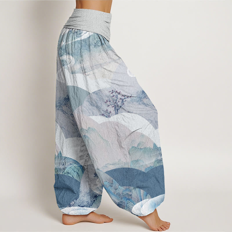 Pantalones bombachos de cintura elástica para mujer, de algodón, con estampado de paisajes chinos de montañas, ríos y niebla, con Buddha Stones. - image 9
