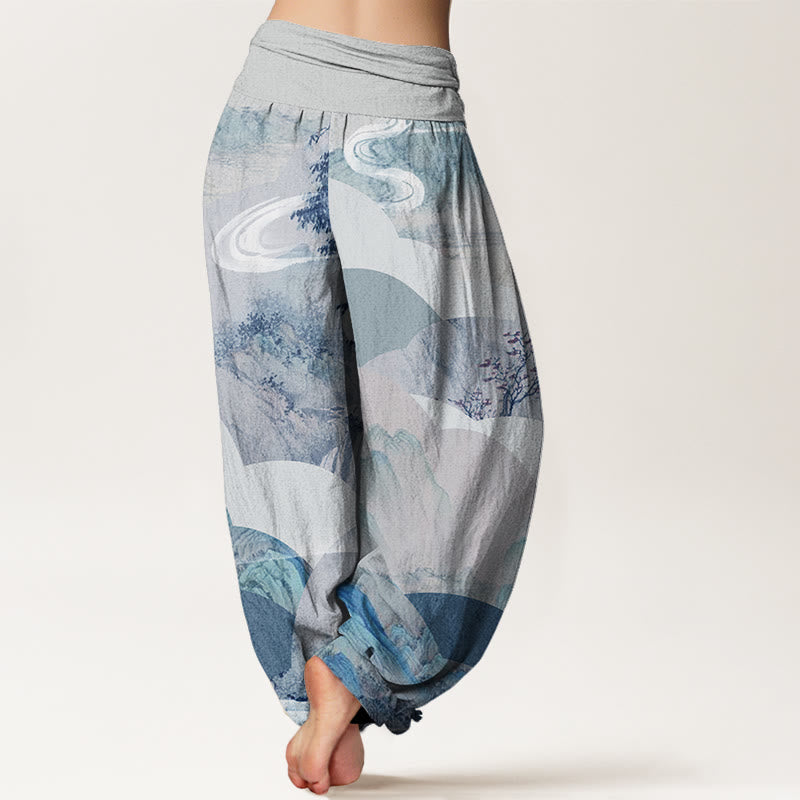 Pantalones bombachos de cintura elástica para mujer, de algodón, con estampado de paisajes chinos de montañas, ríos y niebla, con Buddha Stones. - image 8