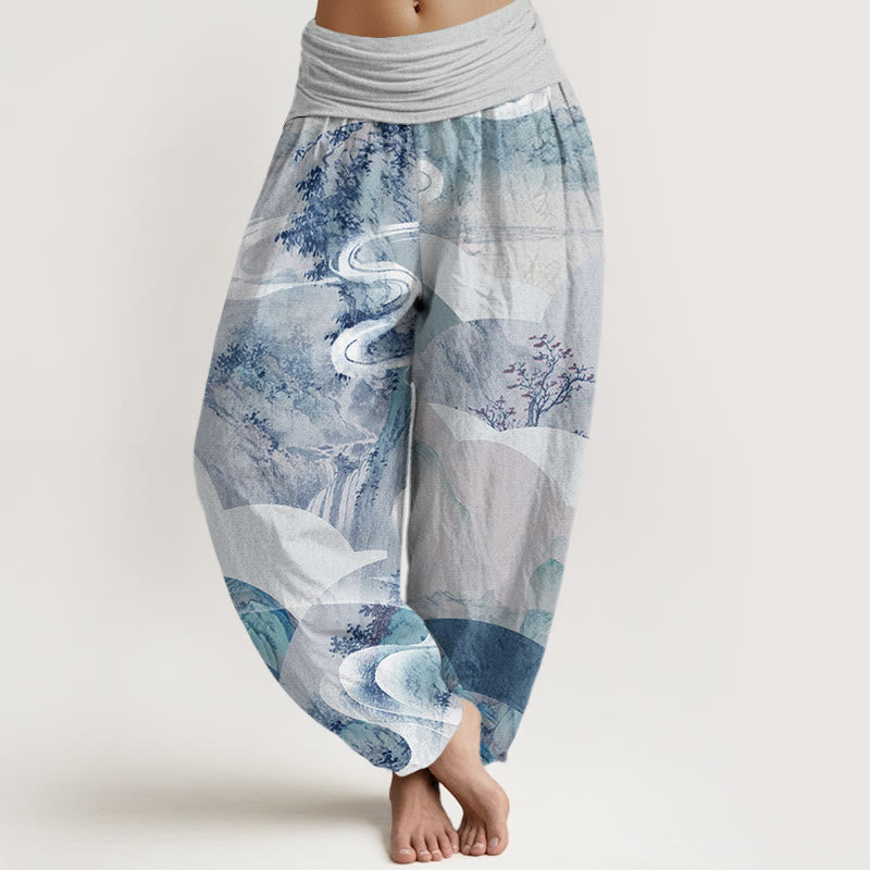 Pantalones bombachos de cintura elástica para mujer, de algodón, con estampado de paisajes chinos de montañas, ríos y niebla, con Buddha Stones. - Azur - US22，UK/AU26，EU54 (6XL) - image 7