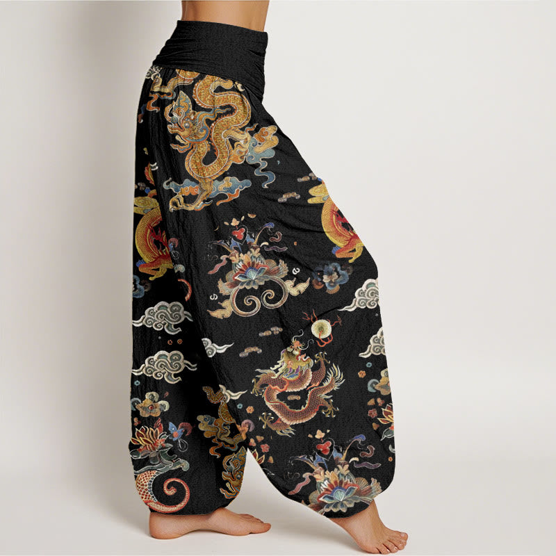 Pantalones bombachos de cintura elástica para mujer con diseño de Buddha Stones, dragones dorados y nubes auspiciosas, de algodón. - image 1
