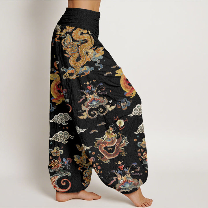 Pantalones bombachos de cintura elástica para mujer con diseño de Buddha Stones, dragones dorados y nubes auspiciosas, de algodón. - image 1