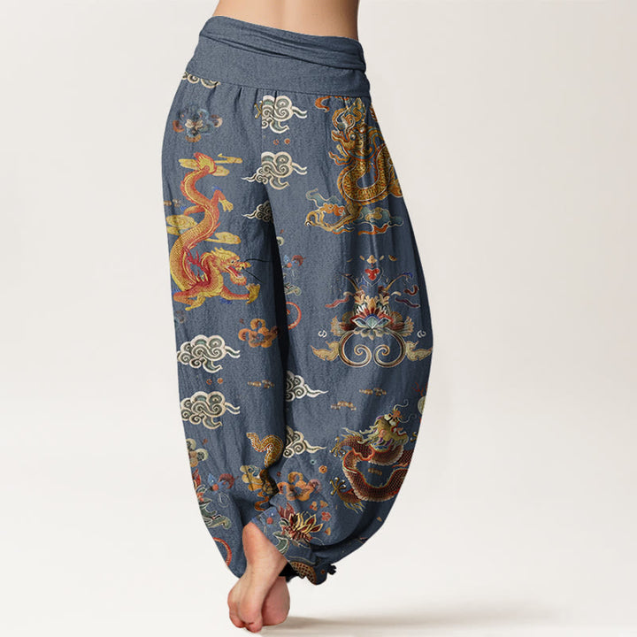 Pantalones bombachos de cintura elástica para mujer con diseño de Buddha Stones, dragones dorados y nubes auspiciosas, de algodón. - image 5