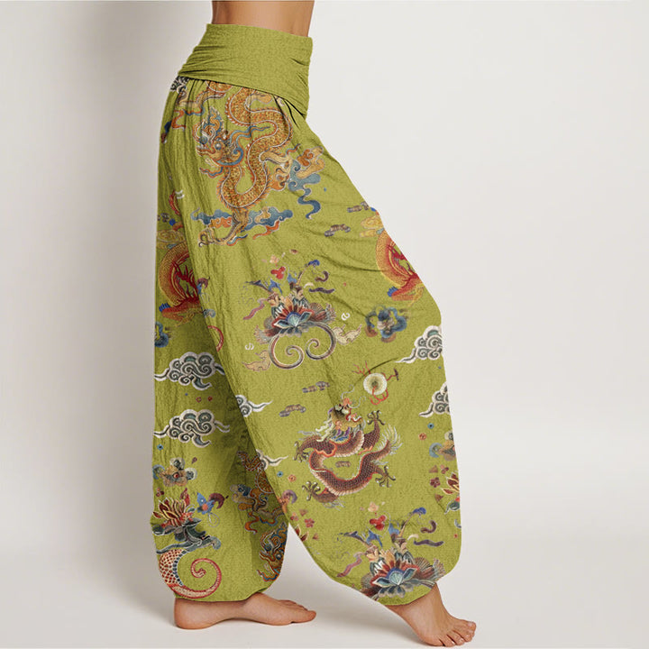 Pantalones bombachos de cintura elástica para mujer con diseño de Buddha Stones, dragones dorados y nubes auspiciosas, de algodón. - image 9