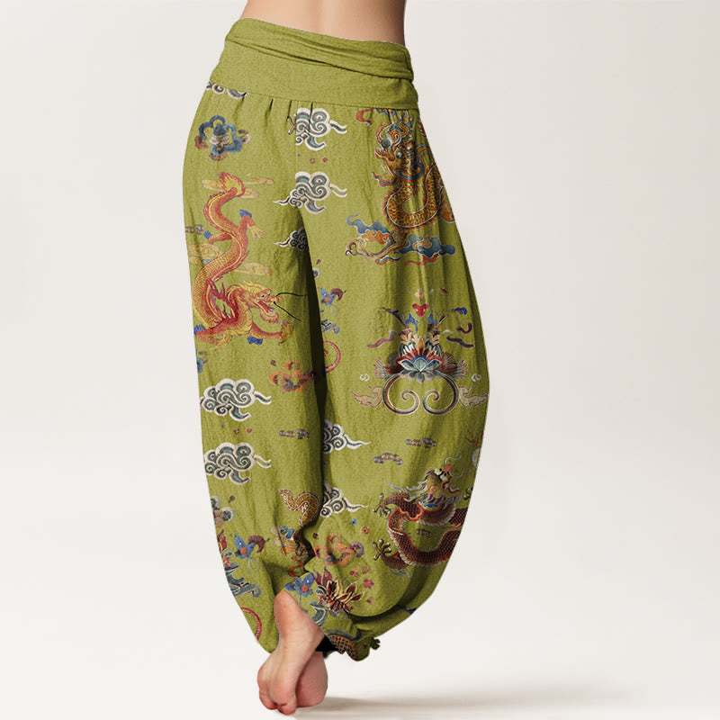 Pantalones bombachos de cintura elástica para mujer con diseño de Buddha Stones, dragones dorados y nubes auspiciosas, de algodón. - image 8