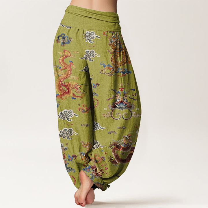 Pantalones bombachos de cintura elástica para mujer con diseño de Buddha Stones, dragones dorados y nubes auspiciosas, de algodón. - image 8