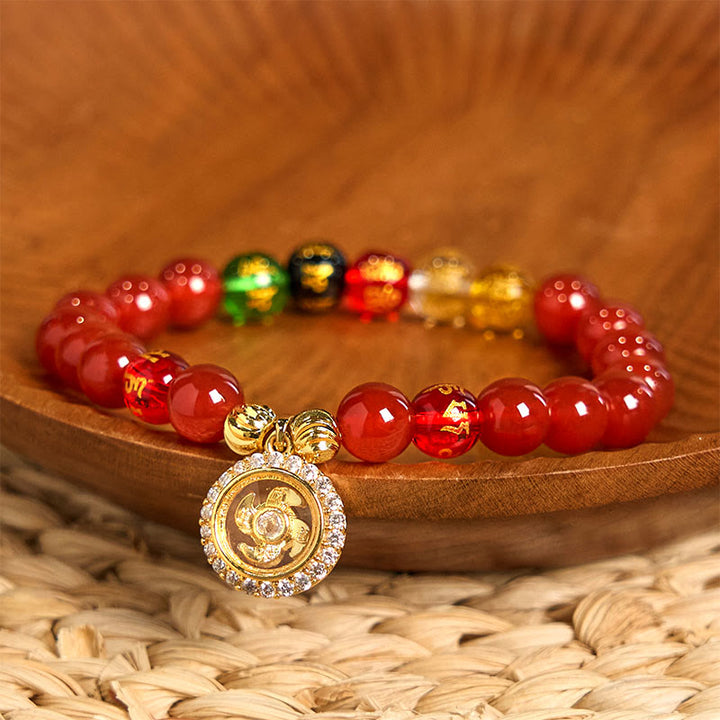 Pulsera de autoaceptación con Buddha Stones, ágata roja, Om Mani Padme Hum, cinco direcciones, dioses de la riqueza, circón y dije ciclónico.